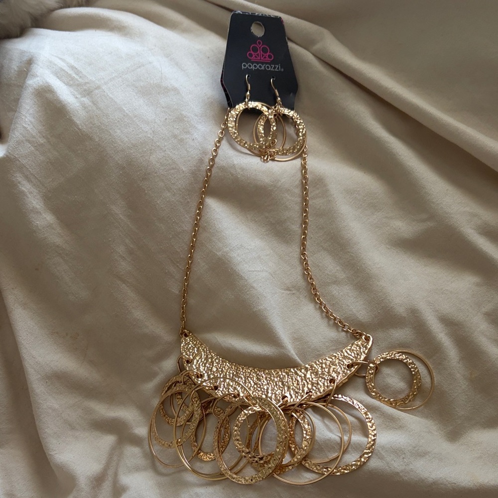 paparazzi Gold-Tone Textured Crescent Necklace with Dangling Rings